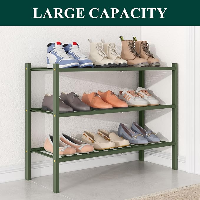 Smiry Bamboo Shoe Rack for Closet, 3 Tier Wooden Shoe Organizer, Stackable Wood Shoe Storage Shelf for Entryway, 14 Vertical Slats, One-piece Heavy-Duty Legs, 26.77"x11.02"x18.31", Green