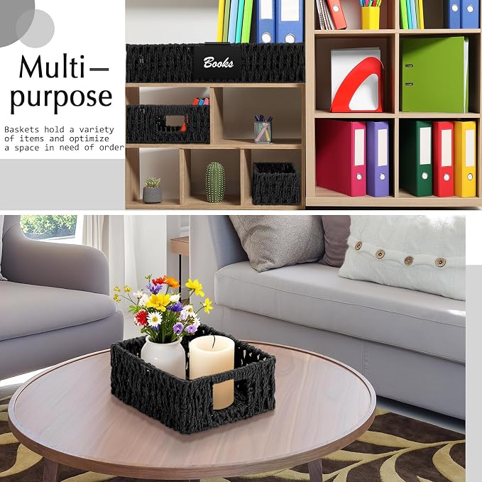Marsui 9 Pcs Paper Rope Storage Baskets with Handle Labels Handwoven Multi-size Black Storage Bins for Organizing Small Baskets Container for Shelves Closet Pantry Toilet