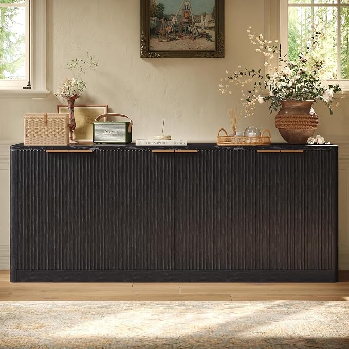 Evermagin 67" Fluted Black Buffet Cabinet with Storage | Mid-century modern wood sideboard, large credenza with 6 doors for kitchen or living room, 67"W x 31.5"H x 15.7"D