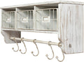 BizChair Wall Mounted Storage Rack - Whitewashed Solid Pine Wood - 24 Inch - Upper Shelf - 5 Hooks - Wire Baskets - For Entryway, Kitchen, Bathroom