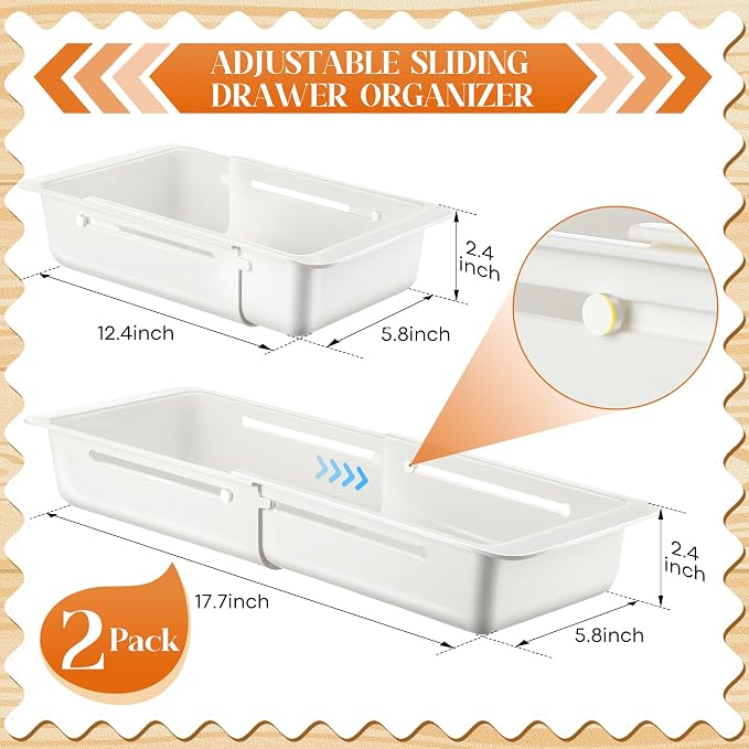 2 Pack Deep Drawer Organizer Adjustable Storage Bin(12.4-17.7") | Adjustable Width Design, Maximize Drawer Storage, Kitchen & Home Organization Solution