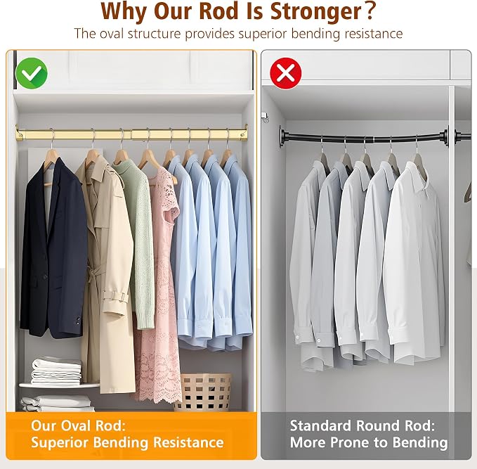 Adjustable Oval Closet Rod, 30-55 Inch, 90 Lbs Heavy Duty (Gold)