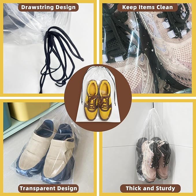 50 Pack Clear Shoe Bags for Travel, 12"x18" Large Travel Shoe Bags for Storage and Packing, Waterproof Drawstring Shoe Bag for Traveling, Bulk Travel Essentials for Men and Women