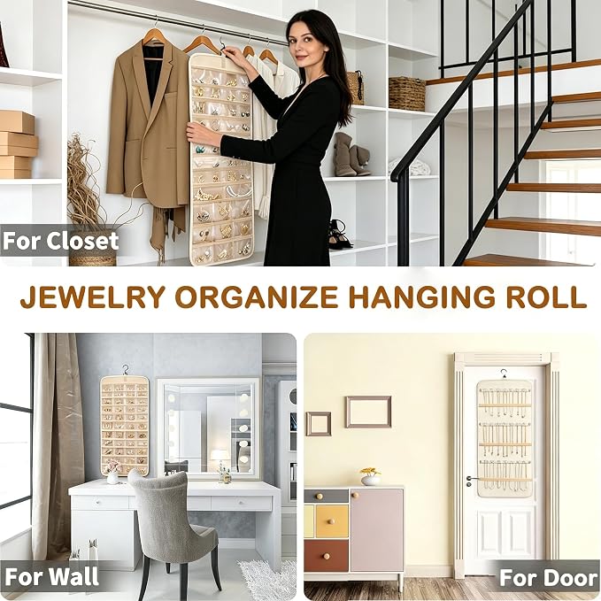 Hanging Jewelry Organizer, Double-Sided Jewelry Organizers and Storage with 48 Pockets and 21 Hooks for Necklaces Earrings Rings, Jewelry Travel Roll Over the Door for Closet Wall (1, White)
