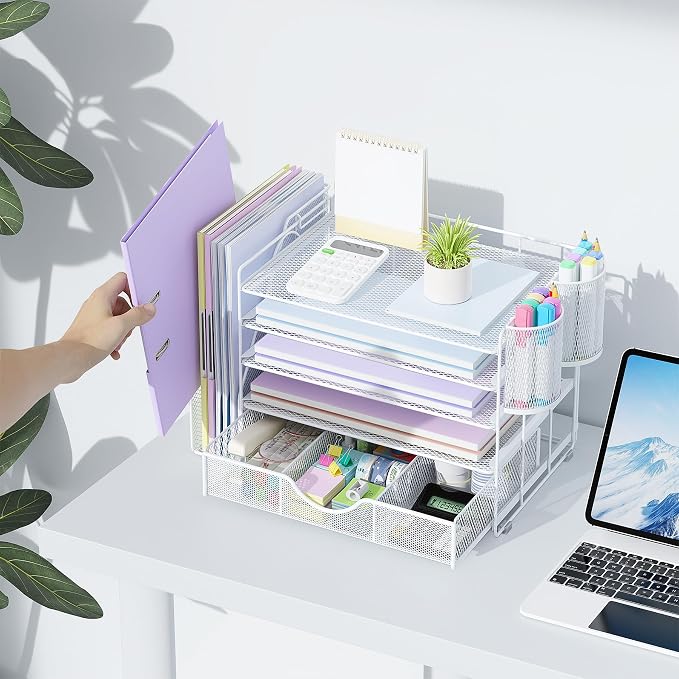 gianotter 5-Tier Desk Organizer with Drawers, File Holders, Letter Trays and Pen Holders - Workspace Accessories for Office Supplies (White)