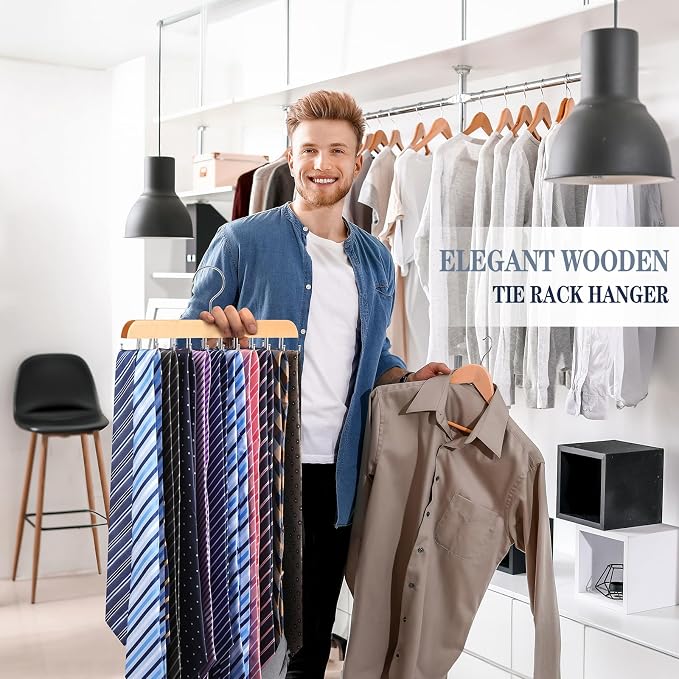 2PC Tie Rack Organizer, Tie Hanger for Closet with 20 Foldable Hooks, Wood | Non Slip Neck Tie Organizer, Large Capacity, Space Saving, 360° Rotating Hook, Fits for Tank Tops Bras Cami Scarves