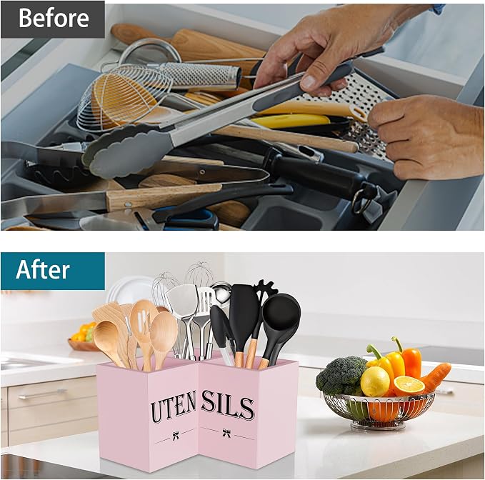 Suli Extra Large Utensil Holder Countertop for Kitchen Counter,Wood,Pink | Hold 40 Utensils,4 Removable Divider,Rutic Silverware Organizer Caddy,Spacesaving,Farmhouse Cooking Crock for Spatula,Spoon