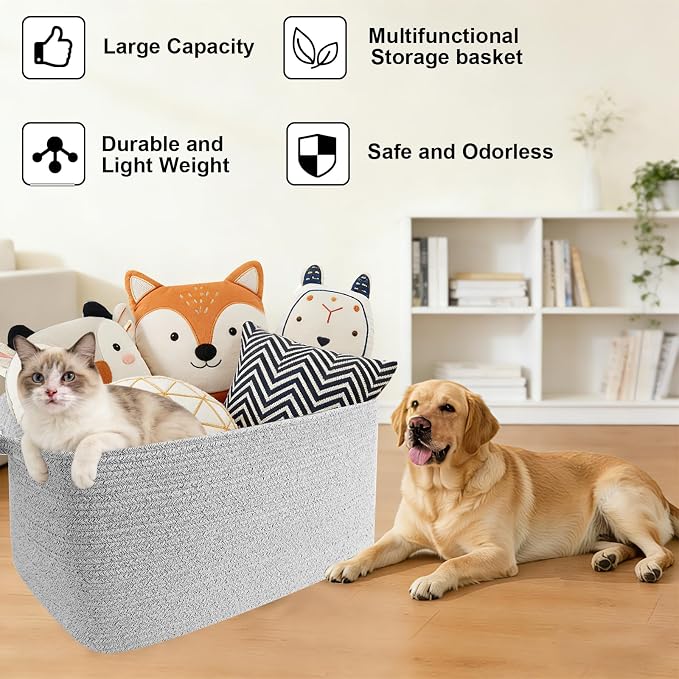 65L Collapsible Woven Rope Laundry Basket with Handles, Grey | 21x16x12 Foldable Rectangular Blanket Basket for Toys, Clothes & Pillows,Ideal for Nursery, Bathroom, Bedroom, Living Room