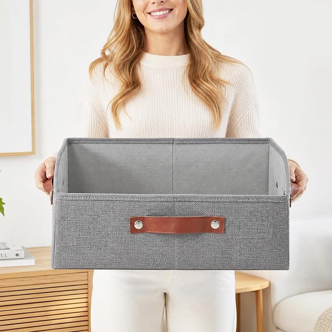 Bagnizer Closet Organizers and Storage, Linen Trapezoid Storage Bins with Handles, Collapsible Shelf Organizer for Blanket, Towel, Clothes, Hats, Purse (Gray)