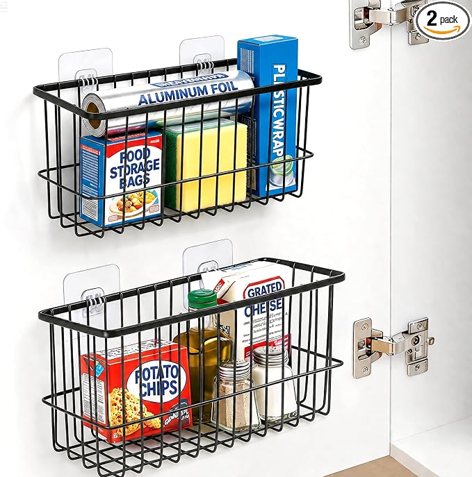 2 Pack Cabinet Door Organizer, Adhesive Wall Mounted Storage Basket for Food Container & Tumbler Lids, Kitchen Storage Organizer for Inside Cabinet Doors, Pantry, Bathroom, Refrigerator & RV