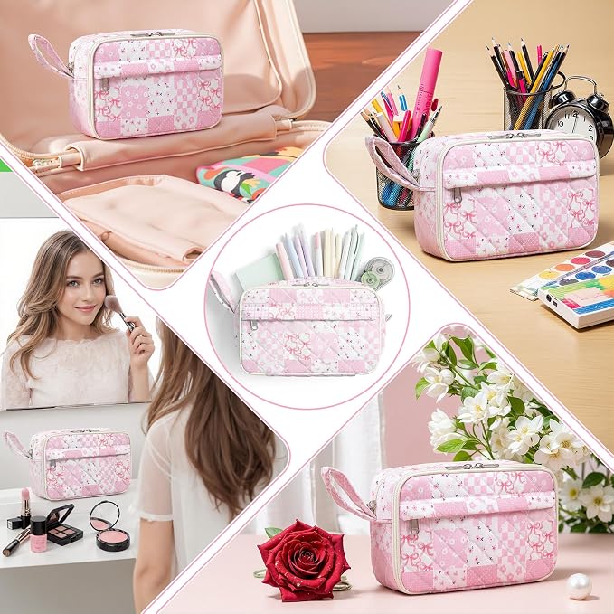 WOBAGMEN Quilted Pencil Pouch for Girls Women, Large Pencil Case Pouch with Compartments Cute Aesthetic Pencil Case Organizer, Floral Pencil Bag for School Supplies (Pink Checked Patchwork)