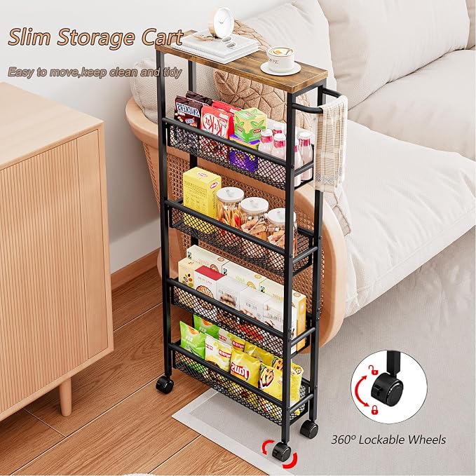 AZERPIAN Slim Rolling Cart 5 Tier Narrow Storage Cart on Wheels with Metal Handle for Kitchen Dining Living Home Laundry Room
