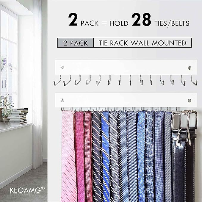 2-Pack Tie Rack Wall Mounted, Wooden Tie Hanger Tie Organizer for Men with 28 Folding Hooks, Space Saving Tie Holder and Belt Rack for Closet, White