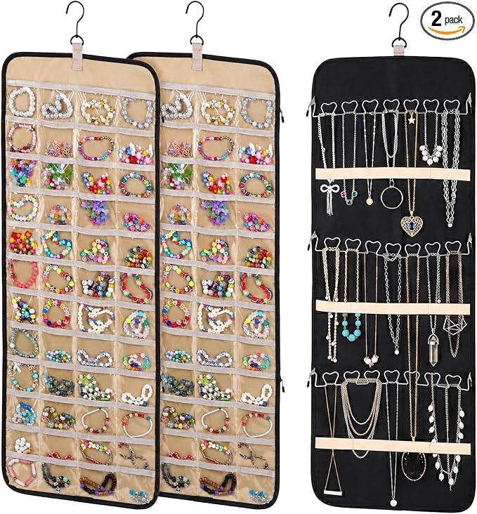 2 Pack Hanging Jewelry Organizer Storage with Hanger and 48 Pockets, Metal Necklace Hooks Double-Sided Jewelry Holder for Earrings, Necklaces, Rings on Closet, Wall, Door, Large, Black