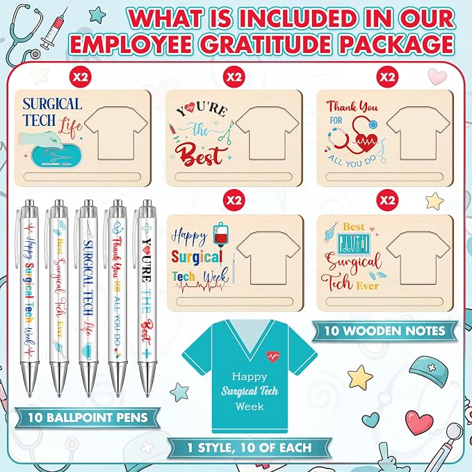 Kosiz 10 Set Happy Surgical Tech Week Gifts Bulk Wooden Inspirational Sticky Note Holder Set for Surgical Technologist Thank You Appreciation Gifts for Technology Staff Doctors Nurses Students