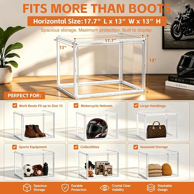 5 Pack XXX-Large Extra Large Acrylic Display Case 17.3'' x 13'' x 13'', Transparent Sneaker Boxes Clear Plastic Stackable Boot & Shoe Boxes Large Showcase for Helmet, Handbag, Figures Collectibles