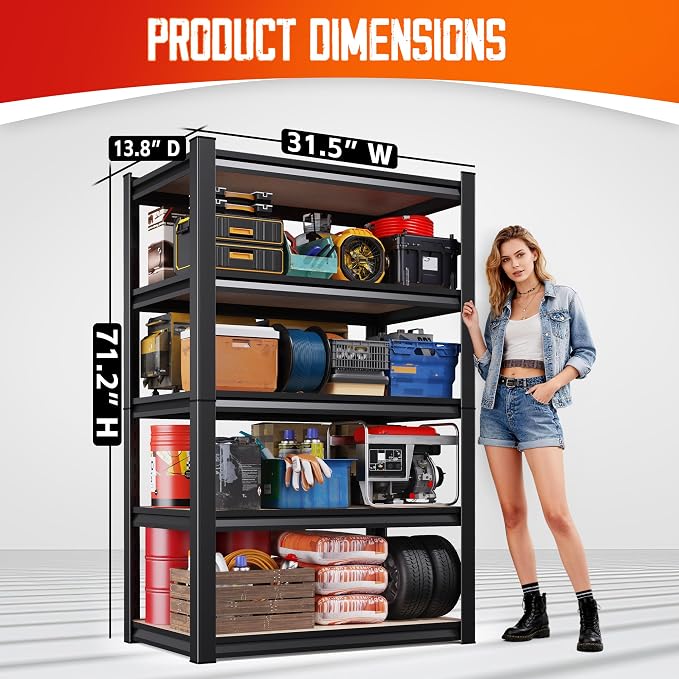 Set of 6,71"H Garage Shelving-5 Tier Garage Storage Shelves,Adjustable Heavy Duty Metal Shelving Unit and Storage Large Rack,Utility Steel Shelf For Warehouse Industrial Pantry Basement 32"Wx14"D