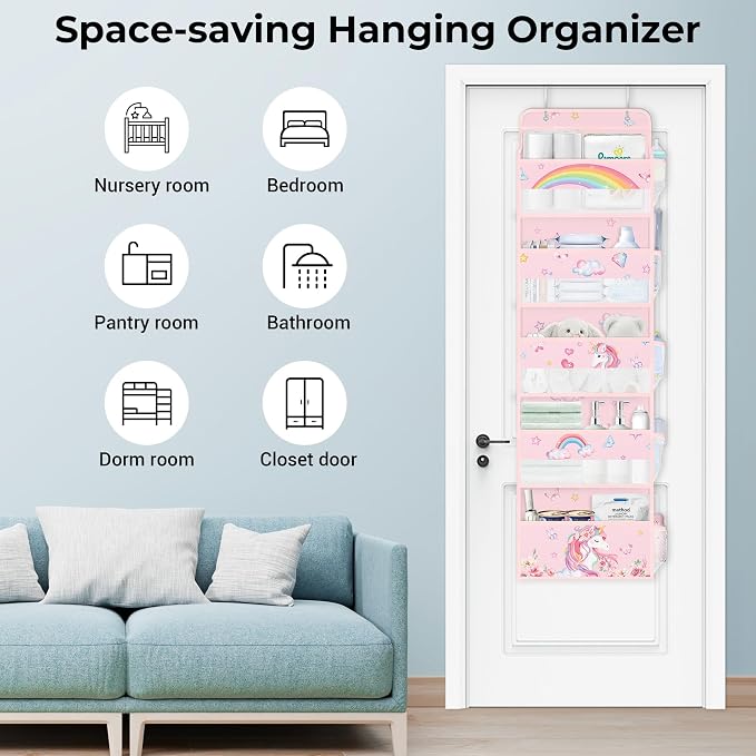 Clastyle Over the Door Organizer Diaper Toy Nursery Hanging Shelf, Unicorn | Pink Rainbow, 5-Tier Clear Window Mesh Pocket 44 lbs Weight Capacity, Behind Door Storage, Bedroom Bathroom Closet Pantry