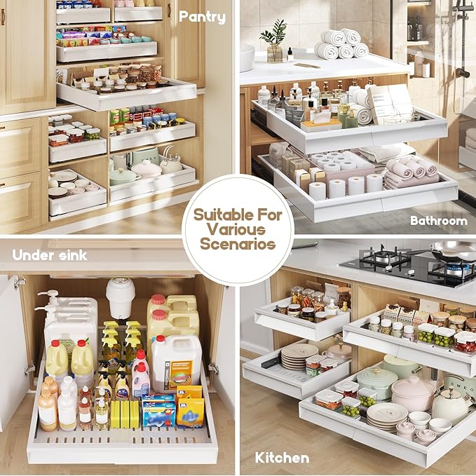Seinloes 2 Pack Pull Out Cabinet Organizer With Raising Pad for Framed Cabinets,Expandable Width (13"-21") and Depth (17"-24"),3 Slide Rails Slide Out Drawers with Handle,No-Drill Roll Out Shelf,White