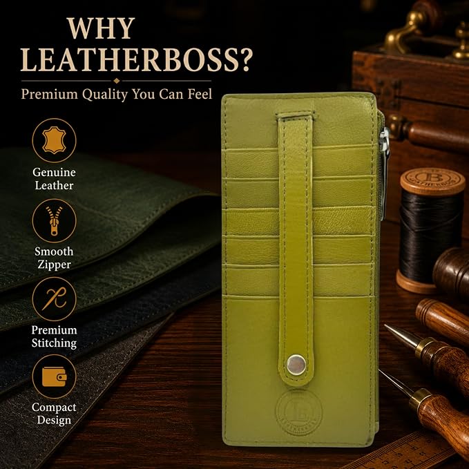 Leatherboss Genuine Leather Women's All in One Credit Business Card Case Holder Slim Zipper Wallet With a Card Protection Strap, Army Green