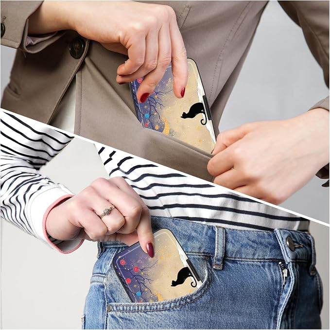 Credit Card Holder, Mini Aluminum Card Wallet RFID Blocking Slim Metal Hard Card Case for Women Men, Moonlight Cat