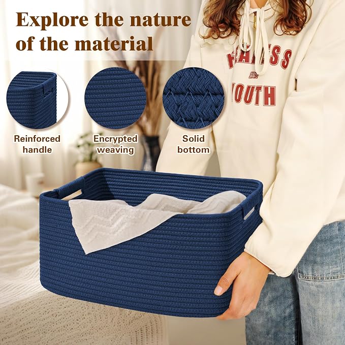 2 Pack Large Storage Basket for Organizing, 17.5"x13"x7" Woven Basket for Shelves, Closet Cube Storage Bins with Wrapped Handle, Cotton Rope Baskets for Kitchen, Clothes, Toys(Navy Blue)