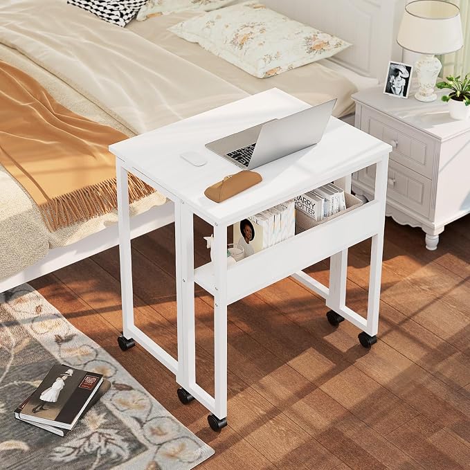 GreenForest Folding Desk with Wheels, 31.5" Rolling Table for Small Spaces | Storage Shelf, Lockable Casters, Compact Portable Workstation, Space-Saving Foldable Sofa Table, Home Office, Mobile, White