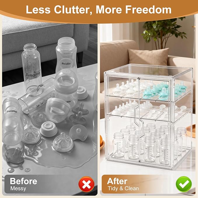 ERTIUANIO Baby Bottle Organizer – 3 Tier Acrylic Bottle Storage Organizer Container, Clear Plastic Bottle Station Organizers Drawers with Double Magnetic Doors for Countertop Kitchen Vanity, Bathroom