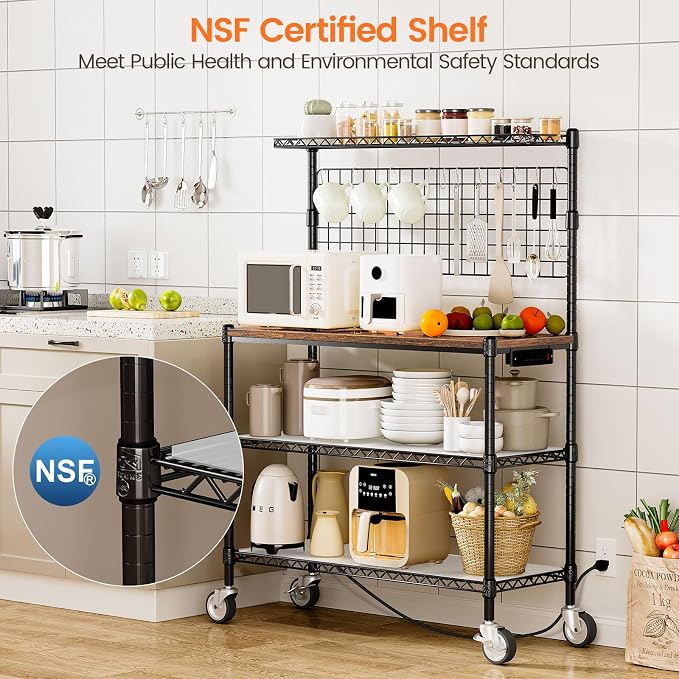 Bakers Rack with Power Outlet & Storage,36In Microwave Stand Kitchen Cart | 4-Tier Metal Kitchen Shelves Cart with Wheels & 20 S-Hooks for Kitchen, NSF Certified, 63 x 18 x 36 Inch-Black