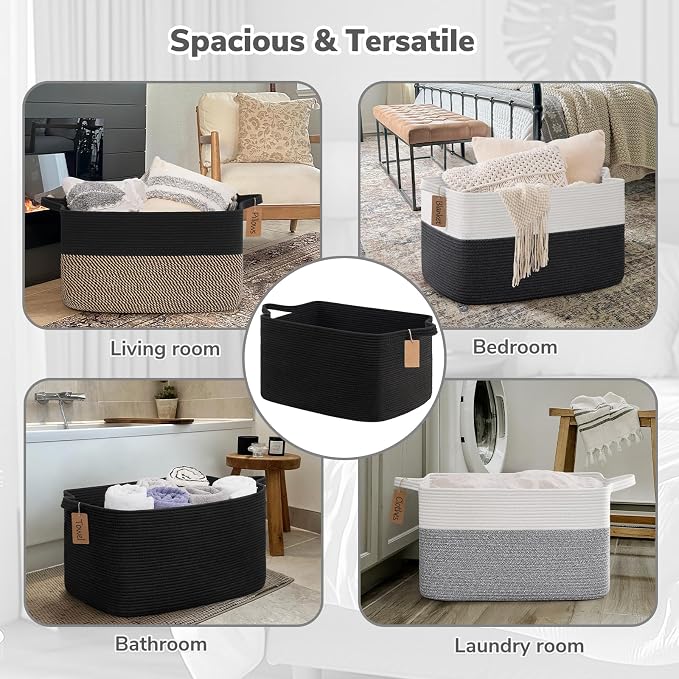Goodpick Woven Storage Baskets for Organizing 22”x17”x12” Large Blanket Basket for Living Room Bedroom, Rectangle Nursery Baby Toy Storage Basket for Kids Boys, Black