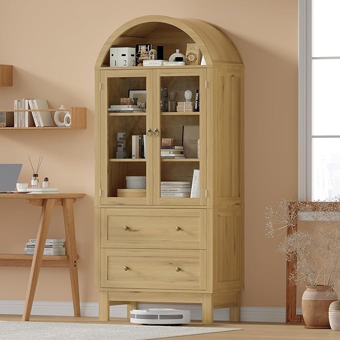 71" Tall Arched Bookshelf, 6-Tier Bookcase with Glass Doors & Adjustable Shelves, Wood Display Book Shelf with Drawers for Living Room, Dining Room, Natrual
