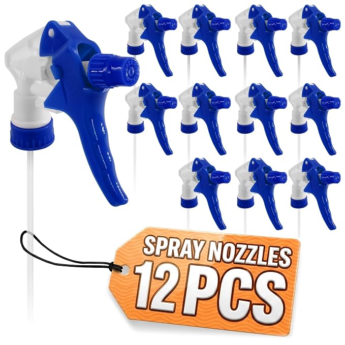Spray Bottle Nozzle Replacement 12 Pack, Fits 8-32oz Bottles (Blue) | Replacement Trigger Sprayer Heads for Bottles; Fits 28-400 Thread, Trim-to-Fit Tube; for Cleaning, Garden & Pet Carefor