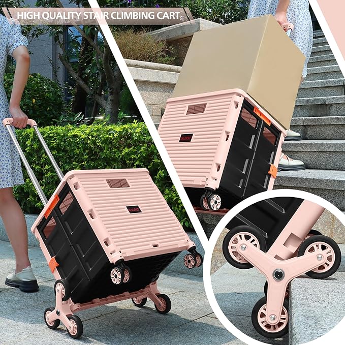 SELORSS Foldable Utility Cart Collapsible Crate Rolling Carts with Stair Climbing Wheels Rolling Tote Basket Teacher Cart with Lid Wear-Resistant 360°Rotate Wheel Noiseless for Shopping Grocery Office