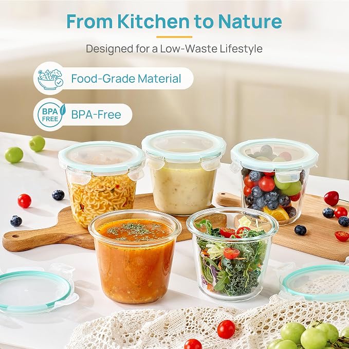 Vtopmart 5 Pack 3 Cup Glass Soup Container, Meal Prep Freezer Containers Set with Airtight Lids, Glass Food Storage Jar for Salad, Fruit, Lunch, Leftover, BPA-Free, Microwave, Dishwasher