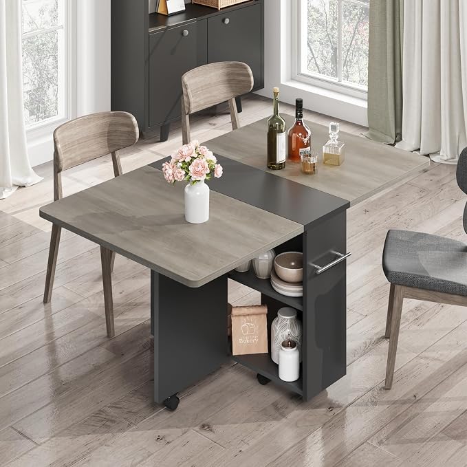 GAOMON Folding Dining Table, Drop Leaf Dining Table with 6 Wheels and 2-Layer Storage Shelf, Foldable Kitchen Table, Space Saving Table for Small Spaces, Areas, 47.2" Oak