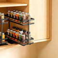 Pull Out Spice Rack 2-Tier Metal & Wood Seasoning Organizer | No-Drill Install | Full-Extension Silent Glide | Each Tier Holds 10–12 Standard Spice Bottles | Rustproof, Wipe-Clean Surface