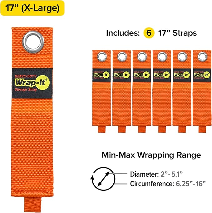 Heavy-Duty Wrap-It Storage Straps - 17-inch (6-Pack) Blaze Orange - Garage Organizer and Extension Cord Hanger for Garage Storage Ideas as an Electric Cord Holder with Garage Gadgets