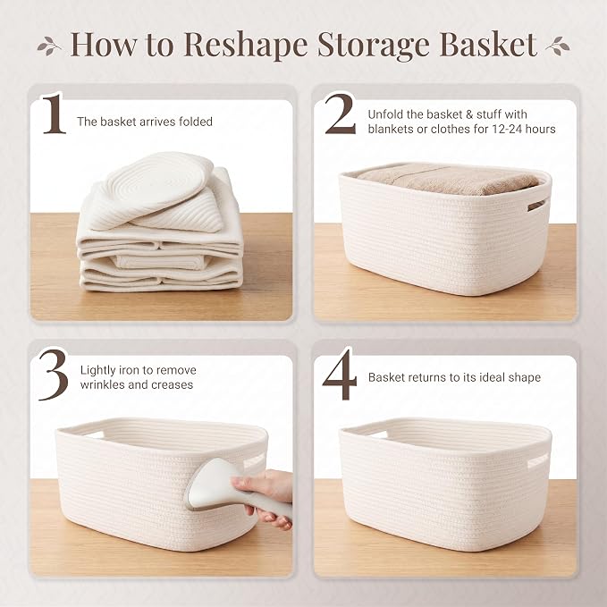 5-Pack Large Woven Rope Storage Baskets, 2 Sizes Organizer Bins | Fabric Cube Boxes and Rectangular Shallow Bins for Closet, Shelf, Bookshelf, Nursery, Changing Table, Bathroom, Toys & Home