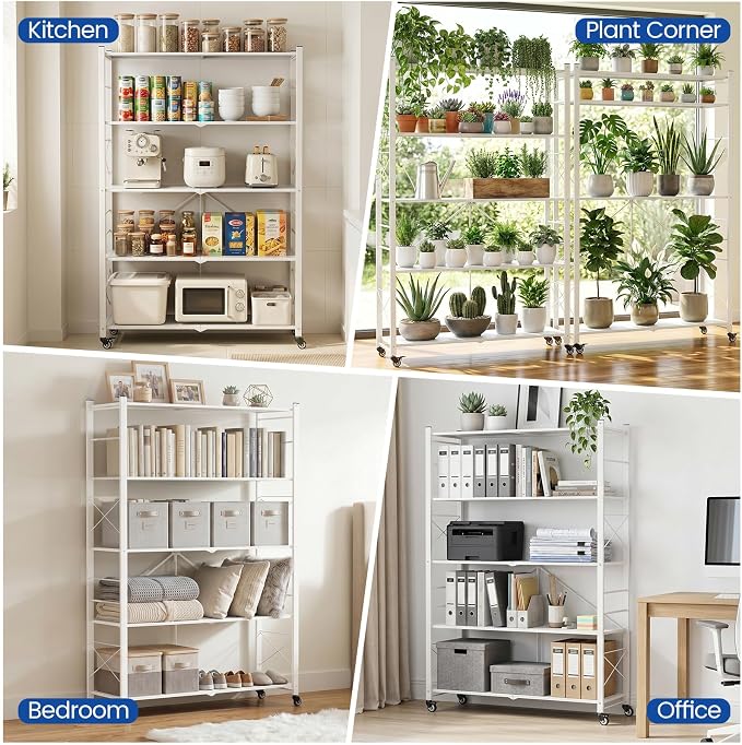 ALANNG 40" W Foldable 5-Tier Storage Shelves on Wheels Adjustable | Removable Metal Rack, Heavy Duty Rolling Organizer for Kitchen, Garage, Closet, Pantry, and Office (White,1 Pack)