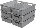 Simple Houseware Stackable Plastic Woven Basket Organizer, 6 Pack, Gray | 14.5" D x 8.5" W x 3.5" H