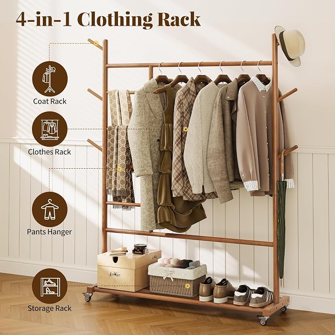 Yoobure Solid Wood Clothing Rack - Rolling Clothes Rack with Wheels, 4-in-1 Coat Rack with Pants Rack & Shelf, Freestanding Clothing Racks for Hanging Clothes, Garment Rack for Closet Bedroom Entryway