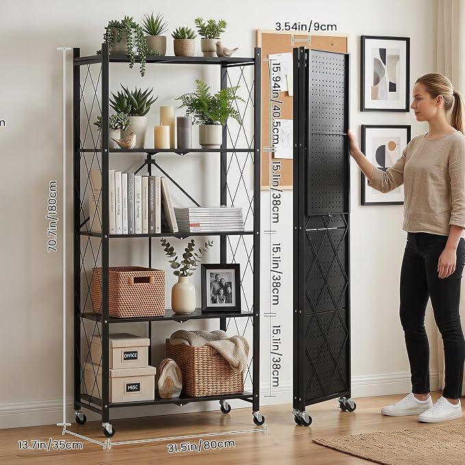 DEANIC 70.7" Tall Extra Large 5-Tier Folding Storage Shelf with Wheels, No Assembly Collapsible Metal Rack with Leveling Feet for Garage, Pantry, Basement, Vendor Display, Kitchen(Black,2 Pack)