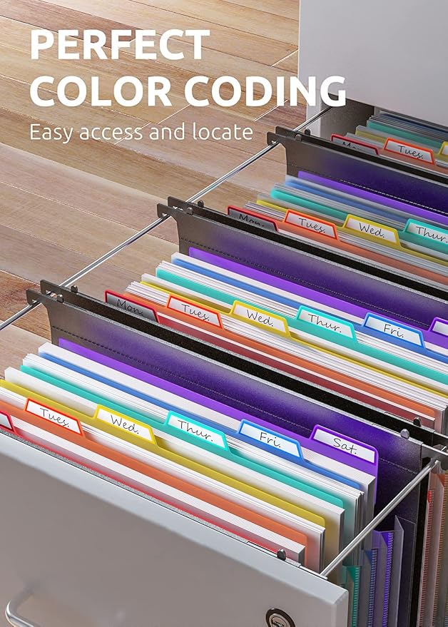 ThinkTex Plastic Expanding Hanging File Folders, 7 Innovative 1.2" Accordion Pockets, Large Capacity, Multi-Color Tabs, Letter Size for File Cabinet - 1-Pack