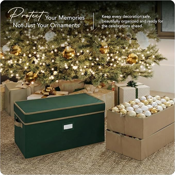 Covermates Keepsakes Adjustable Ornament Storage Box – Heavy-Duty Polyester, Padded Dividers & FlexGrid Trays – Protective Holiday Organizer with Stackable Walls & Label Window, Green