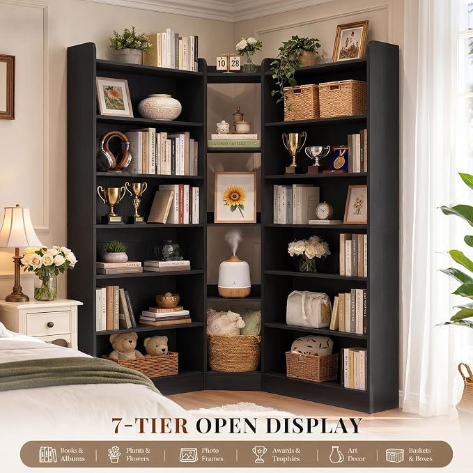Unikito 71.3" Tall L-Shaped Corner Bookshelf, 7-Tier Bookcase, Black | Asymmetric etagere bookcase with baffle, freestanding storage organizer display shelf stand for home office, living room.