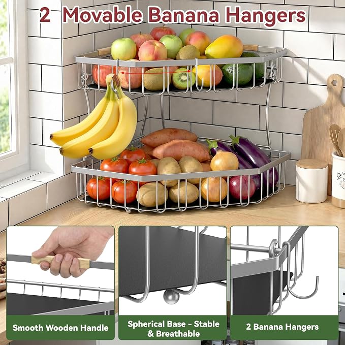 2 Tier Fruit Basket for Kitchen Counter - Detachable Metal Fruit Bowl with 2 Banana Hangers for Corner , Large Capacity Fruit Stand with Wooden Handle for Bread Fruit and Vegetable Storage - Silver