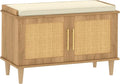Akxomel Rattan Shoe Storage Bench with Cushion, 2-Tier Entryway Bench with Adjustable Shelves and 2 Doors, 15" D x 31.5" W x 20" H, Solid Wood Legs, for Hallway, Living Room, Bedroom, Natural Oak