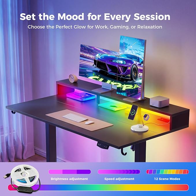 Klicelor Electric Standing Desk with Shelf, 48 Inch Height Adjustable Desk with Power Outlets & LED, Sit Stand Up Table with Monitor Stand, Computer Workstation for Home Office, Black
