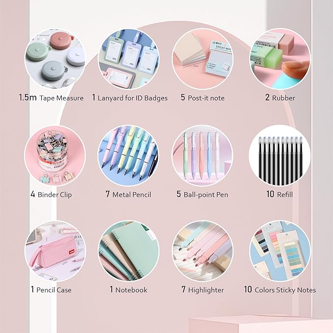 45PCS Morandi Color School Supplies Set with Notebook, Gel Ink Rollerball Pens, Pencil Cas, ID Badge Holder, fluorescent pens,Pencil, Erasers, Clip, tape measure, pen core