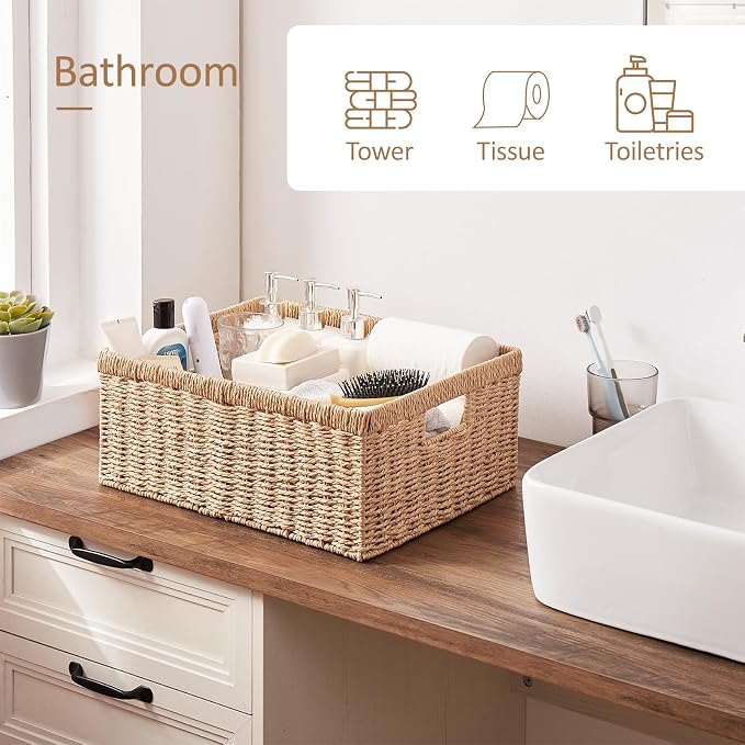 OIAHOMY Wicker Storage Basket, Rectangular Paper Rope Shelf Baskets with Built-in Handles, Woven Decorative Organizer for Pantry, Shelves, Living Room and Bathroom, 1-Pack Natural